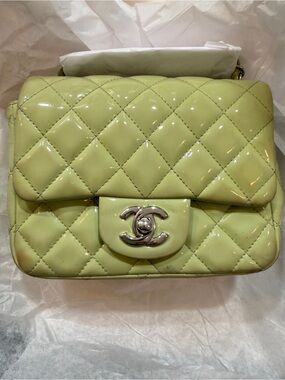 CHANEL Quilted Patent Leather Mini Flap Bag in Lime